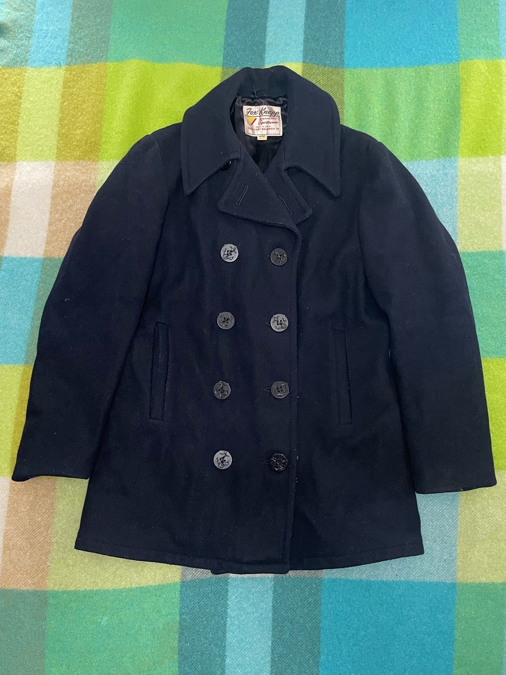Vintage Fox Knapp Pea Coat Black Wool Quilted Lining USA Men’s Size 36
